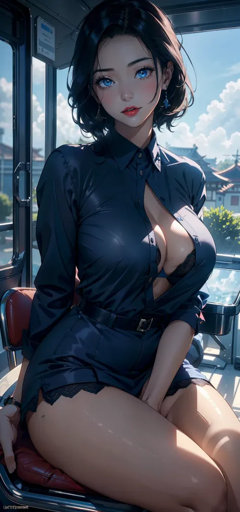 1womanl，33yo，熟妇，A MILF，extremely large bosom，Raised sexy，Pornographic exposure， 独奏，（Background with：aerodrome，ln the forest，Planes，）exteriors， She has short black hair，bobo head，Redlip，裸体少女，dynamicposes，seen from the front， hair straight， mostly cloudy sky...