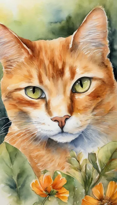 Garden cat，Under the sun，Warm orange hair，Detailed sketch style，Close up focusing on cats eye，Maos eyes are painted with a jewel-like material，Add cat purr，Its a warm and peaceful sight...