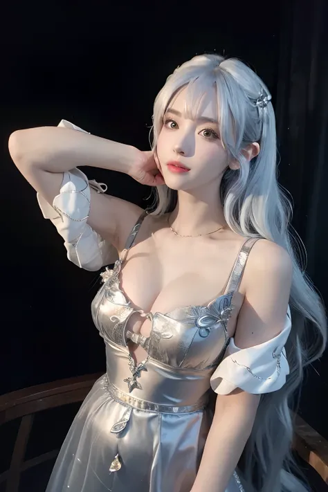 (masuter piece:1.3)、(8K、Photorealsitic、Raw photography、top-quality: 1.4)、(1girl in)、beautiful countenance、(Lifelike face)、(white  hair、Long:1.3)、Beautiful hairstyle、realisticeyes、Beautiful details、（real looking skin）、Beautiful skins、（High neck knit）、absurd...