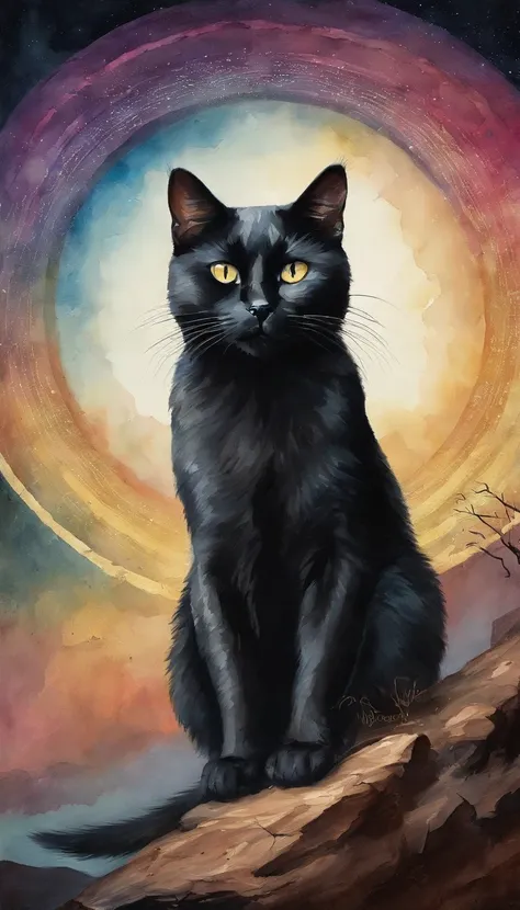 There is a black cat sitting in a circle with quotes, Poster inspired by Gustave Boulanger, shutterstock, sots art, suggestive, The aesthetics of Surrealism, ( ( ( Synth Wave ) ) ), 8 0 Seconds Style Poster, aesthetic siamese cat, surrealistic, Cat silhoue...