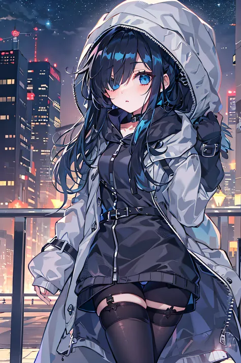 black pantyhoses，Starry eyes，Black parka，black sash，starrysky，the night，Dark blue hair，side pony tail，long whitr hair，black knee boots，Hair covers one eye，bit girl，waiting to start