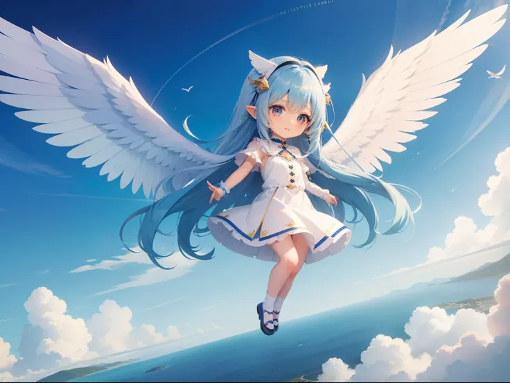 Girl Character　With the Wings of an Angel、mont々Visible flying in the sky。long hair with blue hair((Chibi Chara))、Fluffy、girl with、Chibi Chara、full body Esbian、Pastel colors hair、masutepiece、top-quality、Large in the center