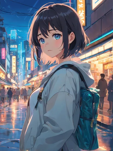 Teenage girl, heterochromia eyes, small mouth without a smile, head slightly to the left, long black hair in movement, low-cut white mini shirt, ripped jeans, untied black boots, open multicolor bubble jacket, holding a handbag, lofi city, wet street, full...