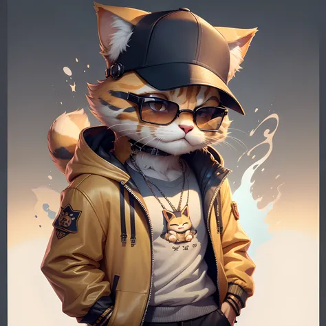 C4tt4stic，a cartoon cat wearing a jacket and sunglasses，,Handsome pose,wearing hat、Im eating ramen,