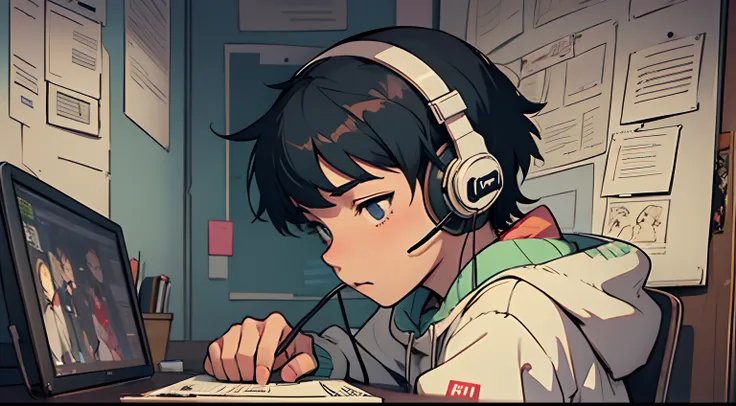 anime little boy with headset sitting at a desk with a computer, a book and a teddy bear, lofi art, lofi art style, lo-fi illustration style, lofi hip hop, lo-fi art, inspired by Liam Wong, lofi feel, lofi portrait, lofi aesthetic, lofi vibes, lofi, lofi v...