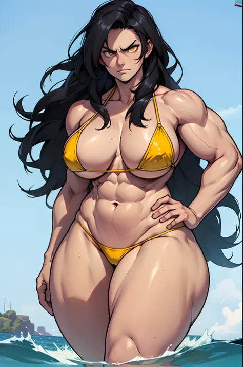 ((1 girl)), ((wide hips)), ((thick thighs)), ((curvy)), ((huge tits)), solo, ((((muscular)))), black hair, yellow eyes, angry, pale sin, micro bikini, water, very long hair