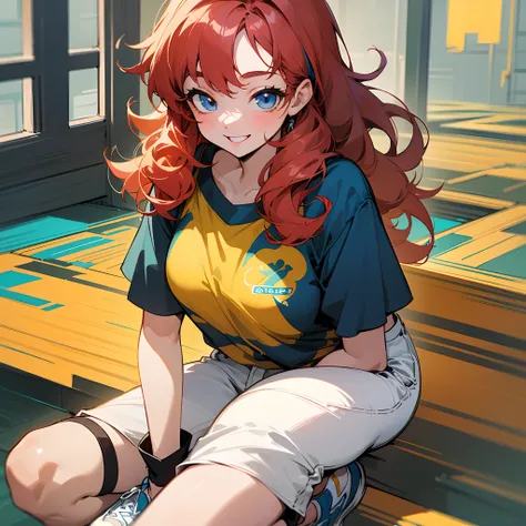 Image of a young 18-year-old anime girl named Rebecca. She has long, short, curly red hair, dark blue eyes and an infectious smile. She is dressed in a yellow t-shirt, black jeans and white sneakers. and is smiling. The image is detailed and colorful, with...