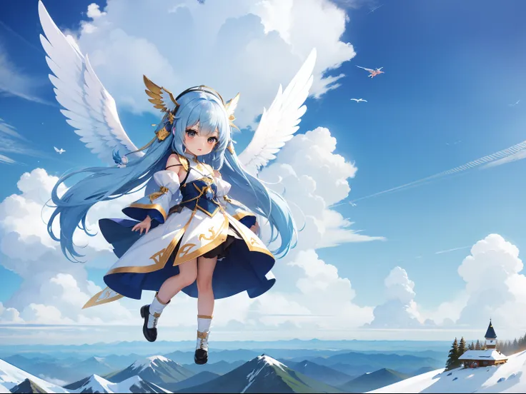 Girl Character　With the Wings of an Angel、Flying in the sky。Snow Mountains々Looks。long hair with blue hair((Chibi Chara))、Fluffy、girl with、Chibi Chara、full body Esbian、Pastel colors hair、masutepiece、top-quality、Large in the center