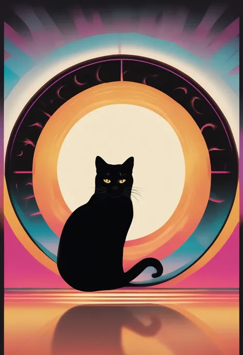 There is a black cat sitting in a circle with quotes, suggestive, The aesthetics of Surrealism, ( ( ( Synth Wave ) ) ), 8 0 Seconds Style Poster, aesthetic siamese cat, surrealistic, Cat silhouette, 1 9 8 0 s Poster Style, synthwave art style ]!!, Smayer A...