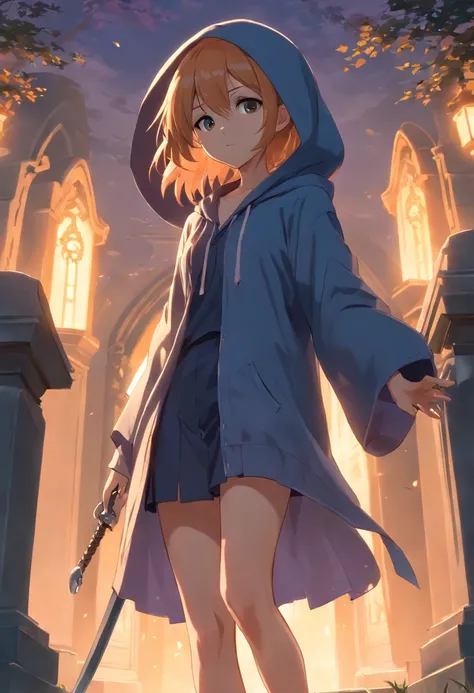 Cute hooded girl,The Grim Reaper emerges from the swirling shadows.Stand in the Cemetery of Forgotten Souls.(Female Grim Reaper Protecting a Girl from Behind:1.3,)Wielding a scythe,(Light brown and light orange striped hair:1.3,),Perfect face,Proper body p...