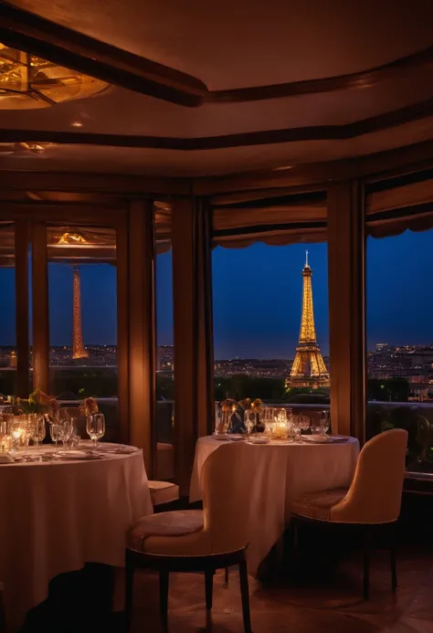 No restaurante, tomando champagne, ao fundo a torre Eiffel.