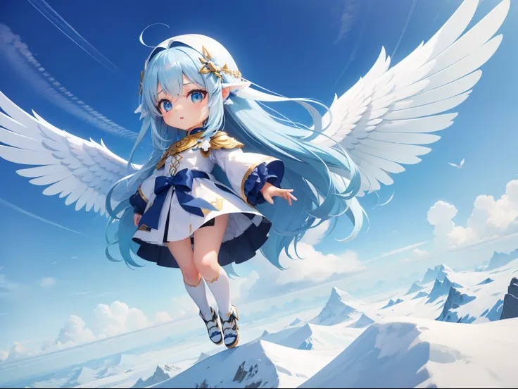 Girl Character　With the Wings of an Angel、Flying in the sky。Snow Mountains々Looks。long hair with blue hair((Chibi Chara))、Fluffy、girl with、Chibi Chara、full body Esbian、Pastel colors hair、masutepiece、top-quality、Large in the center