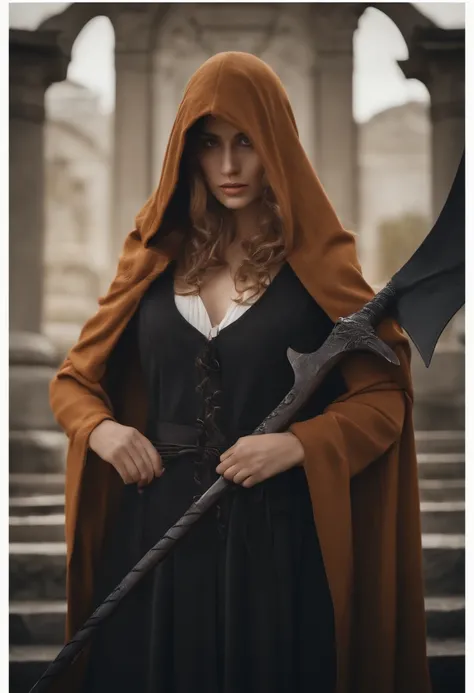 Cute hooded girl,The Grim Reaper emerges from the swirling shadows.Stand in the Cemetery of Forgotten Souls.(Female Grim Reaper Protecting a Girl from Behind:1.3,)Wielding a scythe,(Light brown and light orange striped hair:1.3,),Perfect face,Proper body p...