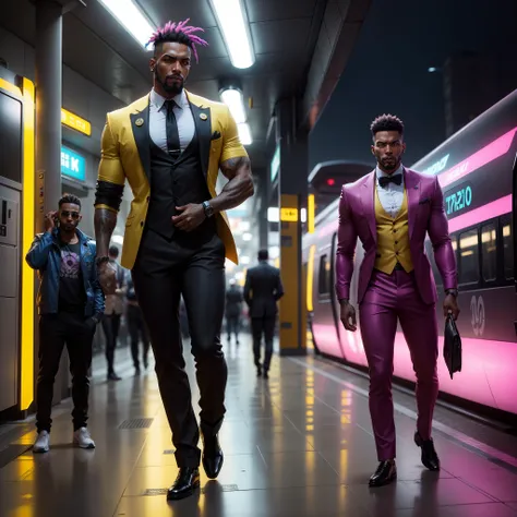 Id like a cyberpunk style image in 4k average photo of three black characters ,40 anos de idade,,africano, forte, musculoso, de pele negra ,barba grande,barba, Estiloso Barbon,com cabelo punk estilo anos 80 na cor amarelo e cinza escuro,muito eLegante,, fu...