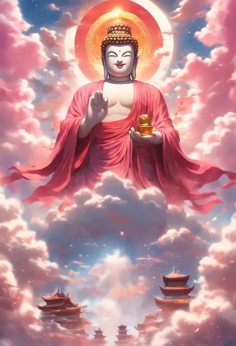 ((masutepiece))，(Best quality))，China style，In the sky, The clouds form a huge transparent shiny white jade Maitreya Buddha statue，Thick clouds，and the sun was shining brightly，Pilgrims on the road，Hyper-realistic，Ultra photo realsisim，Pink，8K，High definit...