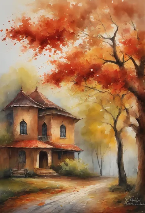 Old residential complex，Red brick building，Big banyan tree，Clean pavement，Fallen leaves，autumnal，in the early morning，Light yellow tones，super-fine，Carefully portrayed，high qulity，8k，Miyazaki animation style