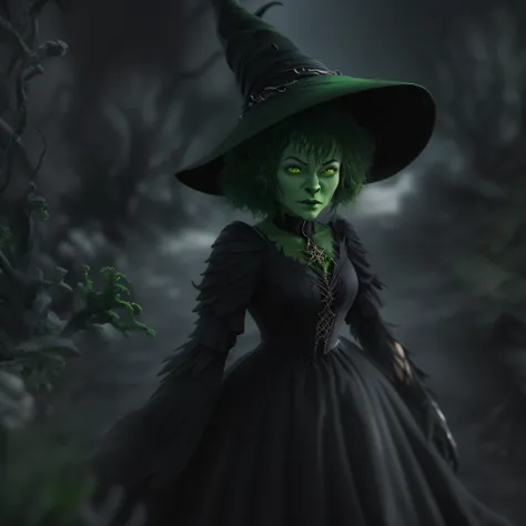 (((ugly green skinned witch))) from wizard of oz, (((flowing black dress)))，(((black witch hat))), Drama Facebook，中景 the scene is，super-fine，ultra - detailed，high qulity，8K ，Sharply focus the eyes，highly detailed surreal vfx，oc rendered， - AR 16:9 --q 2 --...