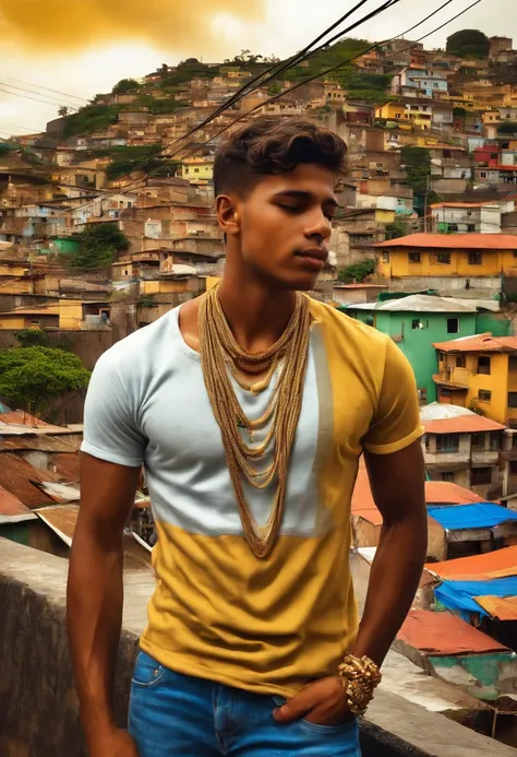 Boy 20 years old carioca style gold cord on neck favela landscape