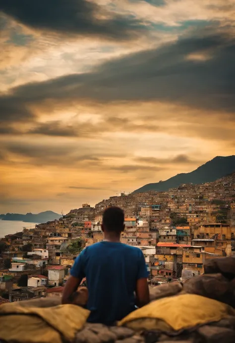 Boy 20 years old carioca style gold cord on neck favela landscape