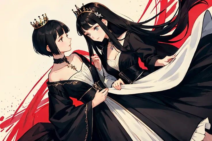 Two beautiful girls，A black long straight，A short black haircut，Two girls glued together in a lesbian pose，Long-haired girls wear crowns for short-haired girls，Birthday party theme background，Perspective exaggeration