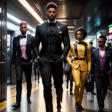 Id like a cyberpunk style image in 4k average photo of three black characters ,40 anos de idade,,africano, forte, musculoso, de pele negra ,barba grande,barba, Estiloso Barbon,com cabelo punk estilo anos 80 na cor amarelo e cinza escuro,muito eLegante,, fu...