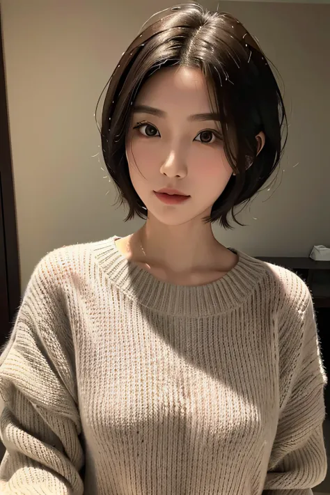 a close up of a woman in a sweater posing for a picture, Middle metaverse, 奈良美智, japanese model, beautiful asian girl, with short hair, 2 4 year old female model, 4 k ], 4k], 2 7 years old, sakimichan, sakimi chan