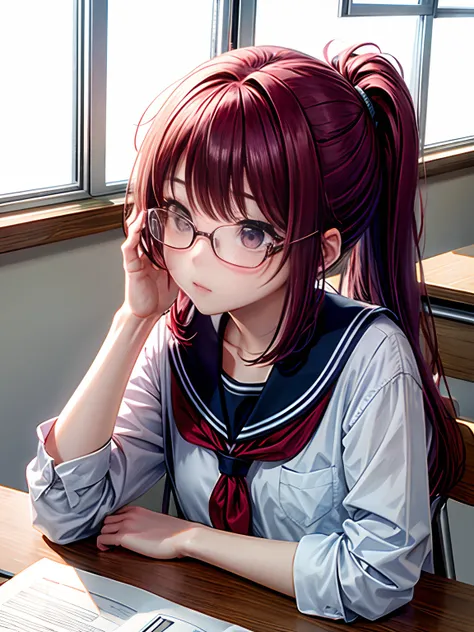 lighting like a movie、top-quality、school classrooms、Lying on the desk、全裸の女性、eye glass、maroon hair、poneyTail、