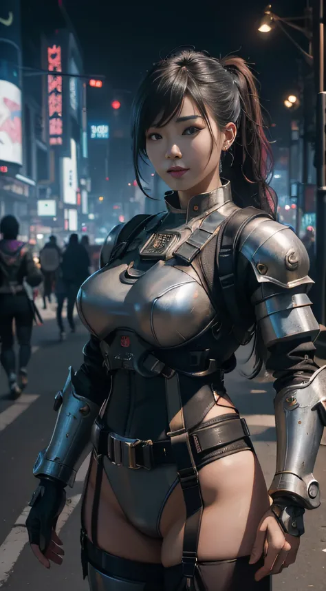 Beautiful hyperrealistic photograph of cute smiling asian cyberpunk female, (((wearing full heavy cyberpunk armor, combat harness))) shapeless cyberpunk hairstyle, elegant pose, cyberpunk street background, abstract beauty, near perfection, pure form, Gold...