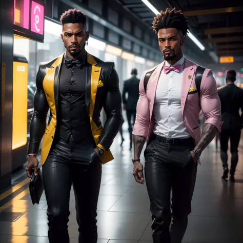 Id like a cyberpunk style image in 4k average photo of three black characters ,40 anos de idade,,africano, forte, musculoso, de pele negra ,barba grande,barba, Estiloso Barbon,com cabelo punk estilo anos 80 na cor amarelo e cinza escuro,muito eLegante,, fu...