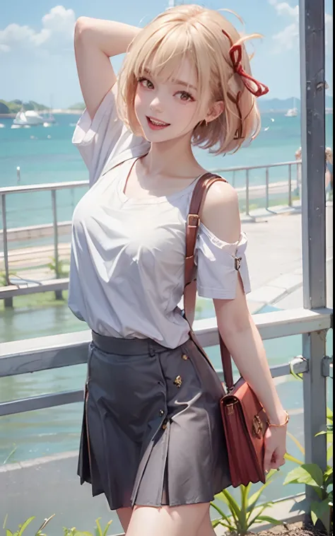 bag, 1girl, skirt, handbag, solo, open mouth, blonde hair, smile, shoulder bag, blue sky, black skirt, railing, short hair, arm up, hair ribbon, day, cowboy shot, breasts, sky, collarbone, ribbon, looking at viewer, short sleeves, :d, shirt, brown eyes, ba...