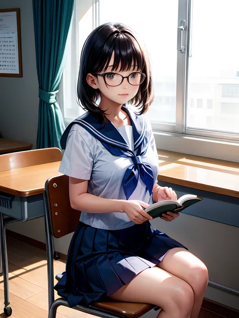 lighting like a movie、top-quality、school classrooms、High school girl sitting at desk and chair reading book、a sailor suit、Black-rimmed glasses、A dark-haired、poneyTail、