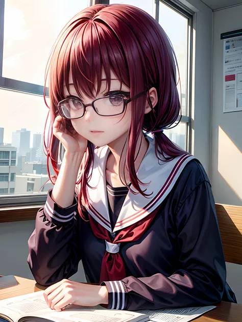 lighting like a movie、top-quality、school classrooms、Lying on the desk、全裸の女性、eye glass、maroon hair、poneyTail、