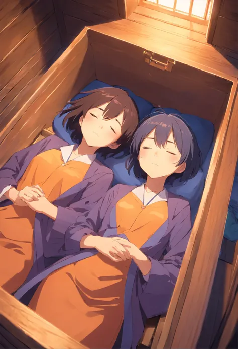 Twin sisters sleeping in a coffin