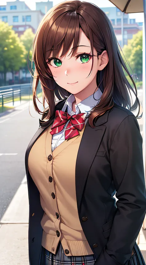 ((masterpiece, best quality, highres, UHD, perfect pixel, depth of field, 4k, RTX, HDR))), 1girl, single, solo, beautiful anime girl, beautiful artstyle, anime character, ((long hair, bangs, brown hair, curly hair:0.5)), ((green eyes:1.4, rounded eyes, bea...