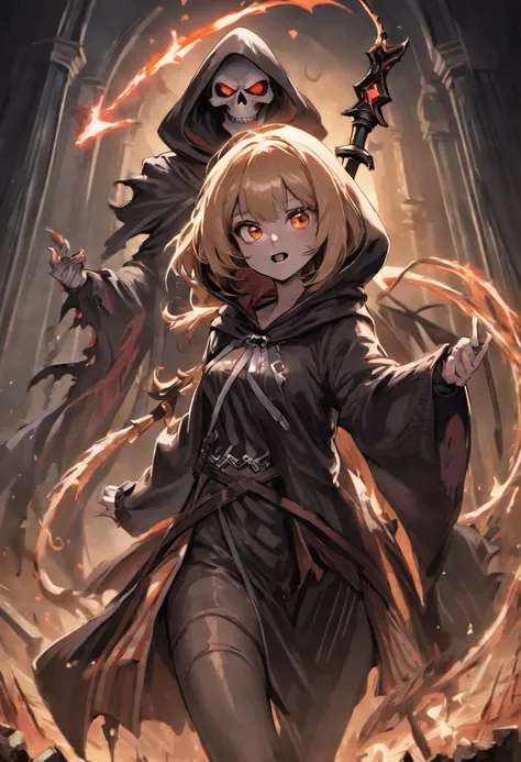 Grim Reaper and Cute Hooded Girl,The Grim Reaper emerges from the swirling shadows.Stand in the Cemetery of Forgotten Souls.(Female Grim Reaper Protecting a Girl from Behind:1.3,)Wielding a scythe,(Light brown and light orange striped hair:1.3,),Perfect fa...