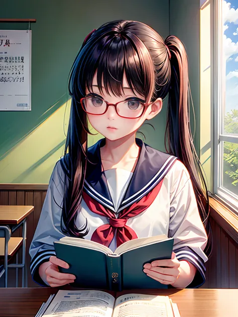 lighting like a movie、top-quality、school classrooms、High school girl reading a book、a sailor suit、Red-rimmed glasses、A dark-haired、poneyTail、early evening、evening、poneyTail、