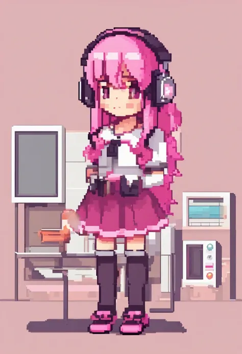 girl with pink hair, wearing headphones, wearing maid outfit, gamer girl