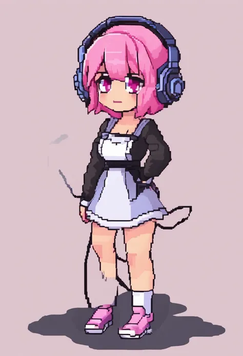 girl with pink hair, wearing headphones, wearing maid outfit, gamer girl