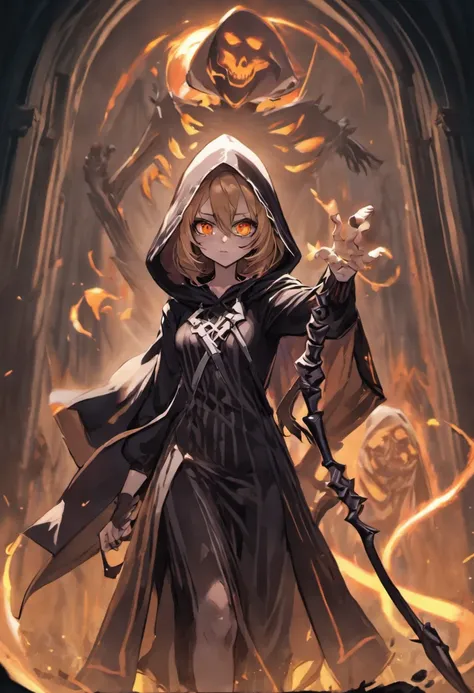 Grim Reaper and Cute Hooded Girl,The Grim Reaper emerges from the swirling shadows.Stand in the Cemetery of Forgotten Souls.(Female Grim Reaper Protecting a Girl from Behind:1.3,)Wielding a scythe,(Light brown and light orange striped hair:1.3,),Perfect fa...