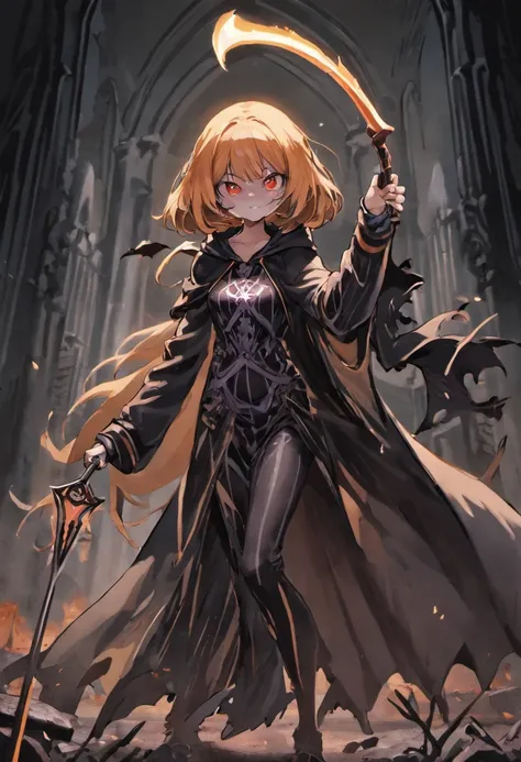 Grim Reaper and Cute Hooded Girl,The Grim Reaper emerges from the swirling shadows.Stand in the Cemetery of Forgotten Souls.(Female Grim Reaper Protecting a Girl from Behind:1.3,)Wielding a scythe,(Light brown and light orange striped hair:1.3,),Perfect fa...