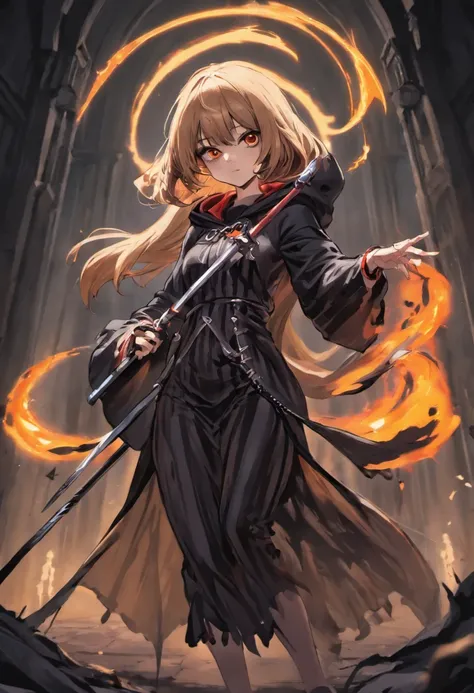 Grim Reaper and Cute Hooded Girl,The Grim Reaper emerges from the swirling shadows.Stand in the Cemetery of Forgotten Souls.(Female Grim Reaper Protecting a Girl from Behind:1.3,)Wielding a scythe,(Light brown and light orange striped hair:1.3,),Perfect fa...