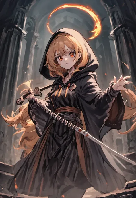 Grim Reaper and Cute Hooded Girl,The Grim Reaper emerges from the swirling shadows.Stand in the Cemetery of Forgotten Souls.(Female Grim Reaper Protecting a Girl from Behind:1.3,)Wielding a scythe,(Light brown and light orange striped hair:1.3,),Perfect fa...