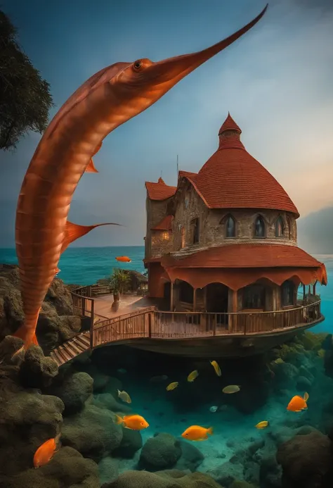 Fish and shrimp under the sea, a house shaped like a squid or a fish