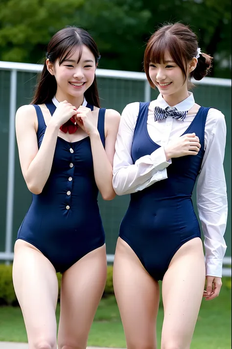 2 girls walking in school yard,navy blue one-piece swimsuit with white collar with button and bow tie,18-year-old,bangs,a little smiles,thighs,crotch,knees,short cut hair,low poneytail,from below