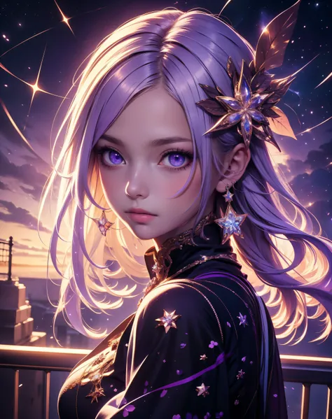 masterpiece, best quality, ultra-detailed, illustration, , , 1girl,solo, image body, flower, looking at viewer, , , purple eyes, jewel-like eyes, extremely detailed eyes, extremely detailed face,, , star (sky), constellation,  purple energy,  railing, mete...