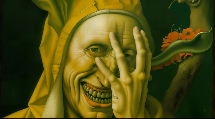 pintura de um homem com um capuz amarelo cobrindo seu rosto, toxic smile. Jan van Eyck, detalhe insano, sorriso insano, cursed images, Mal insano riso sorridente, laughing menacingly, por Hieronymous Bosch, inspirado por Hieronim Bosch, inspirado em Hieron...