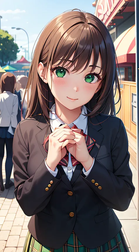 ((masterpiece, best quality, highres, UHD, perfect pixel, depth of field, 4k, RTX, HDR))), 1girl, single, solo, beautiful anime girl, beautiful artstyle, anime character, ((long hair, bangs, brown hair, curly hair:0.5)), ((green eyes:1.4, rounded eyes, bea...