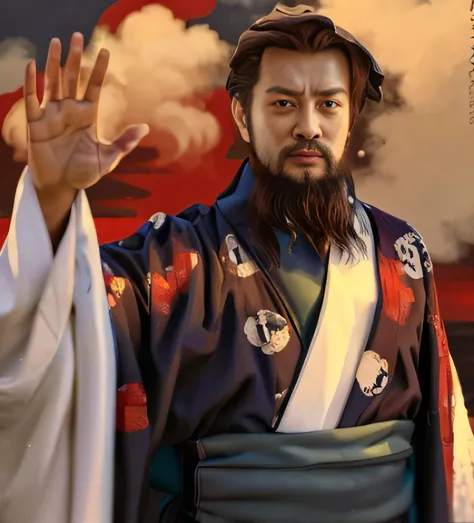 Man in kimono robe waving waves