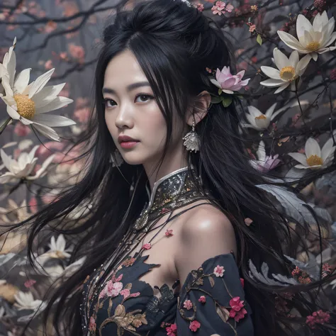 32K（tmasterpiece，k hd，hyper HD，32K）Long flowing black hair，ponds，zydink， a color， Selangor people （Concubine girl）， （Purple silk scarf）， Combat posture， looking at the ground， long whitr hair， Floating hair， Carp pattern headdress， Chinese long-sleeved clo...