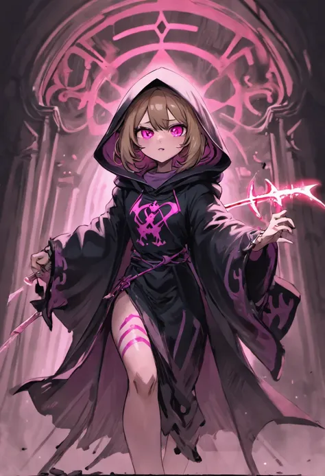 Cute hooded girl shrouded in dark mist,(Female Grim Reaper Protecting Girls:1.3,)Wielding a scythe,Emerge from the swirling shadows.Stand in the Cemetery of Forgotten Souls.(Light brown and light pink striped hair:1.3,),Perfect face,Proper body proportion,...